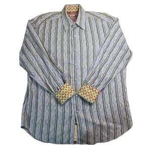 Robert Graham Men’s L Blue Yellow Stripe Contrast Flip Cuff Shirt EUC